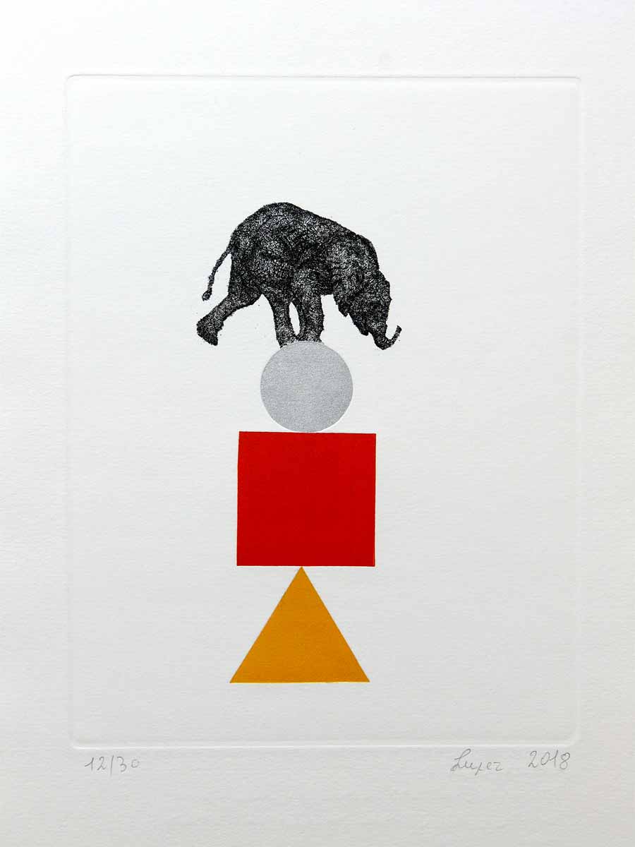 Lupez, Equilibri Instabili - Elefante, 2018, acquaforte + mascherine rullate, cm 20x15